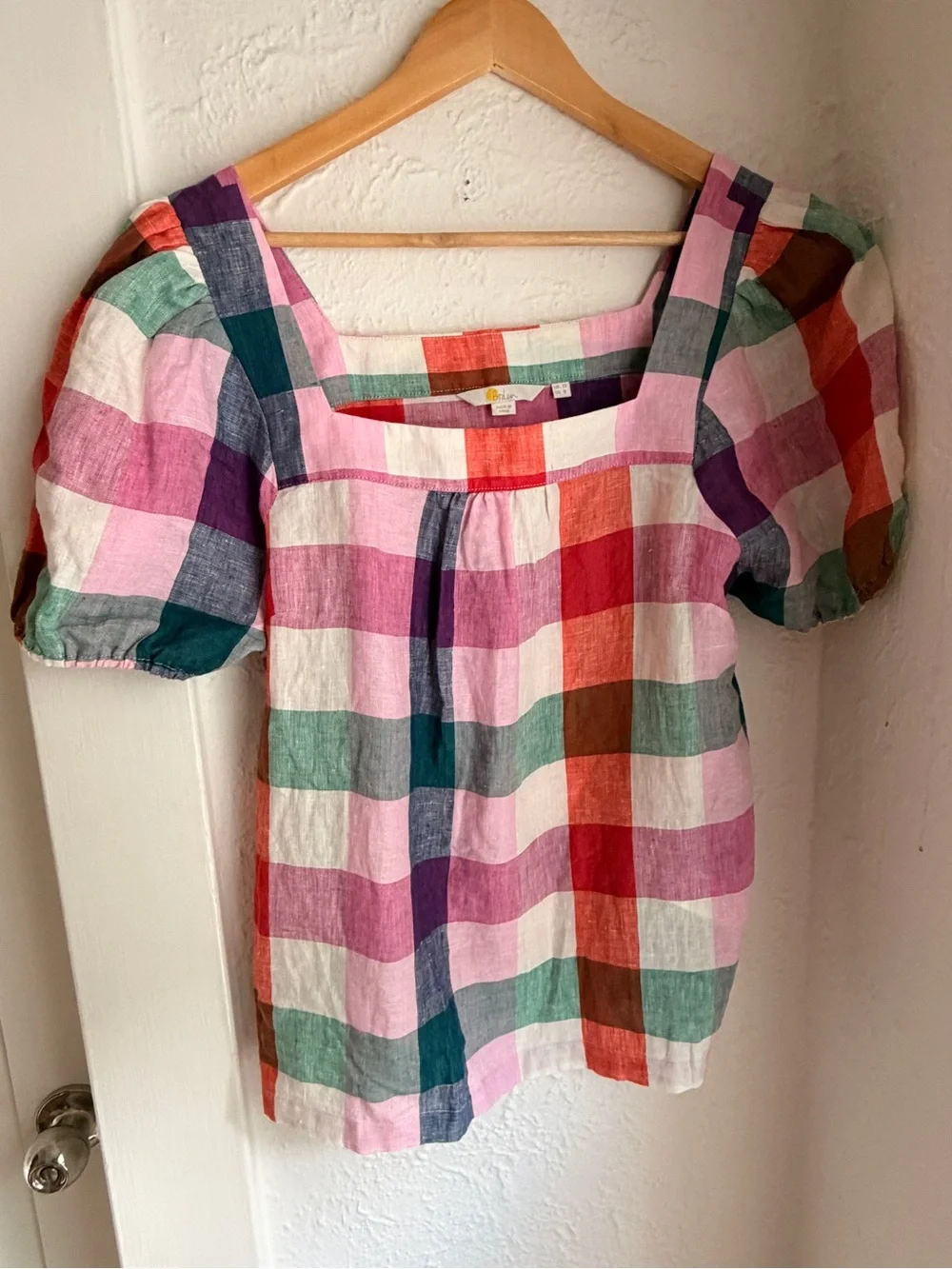 Boden Multicolor Gingham Square-Neck Puff Sleeve Top